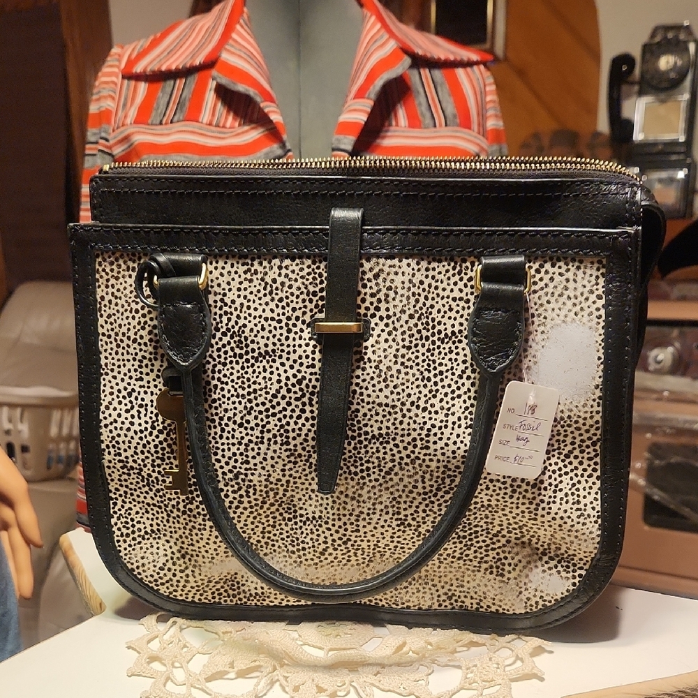 Black and White Speckled Satchel with Leather Handles